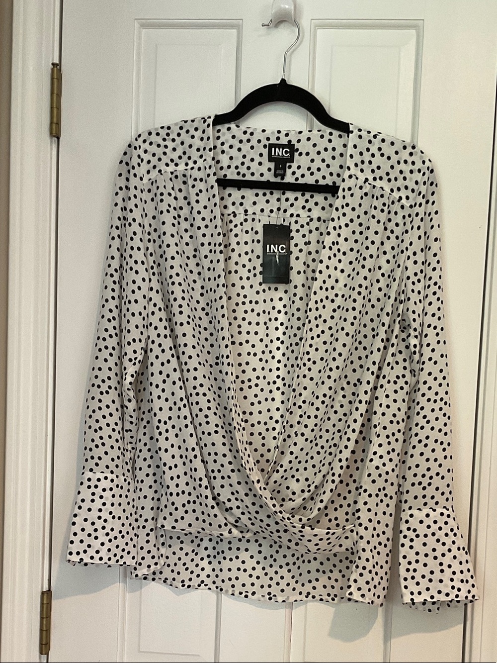 INC International Concepts Ivory Blouse with Black Polka Dots